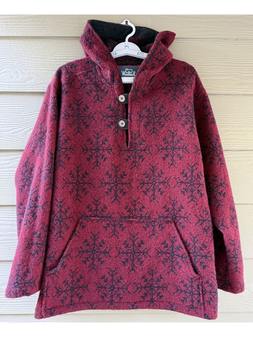 VTG 80s Woolrich Men’s Large Heavy Wool Nylon Red Snowflake Hooded Pullover USA